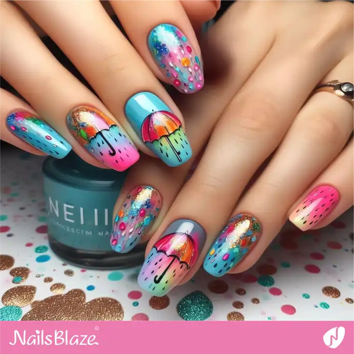 Heavy Rain Umbrella Colorful Watercolor Nails | Paint Nail Art - NB2263